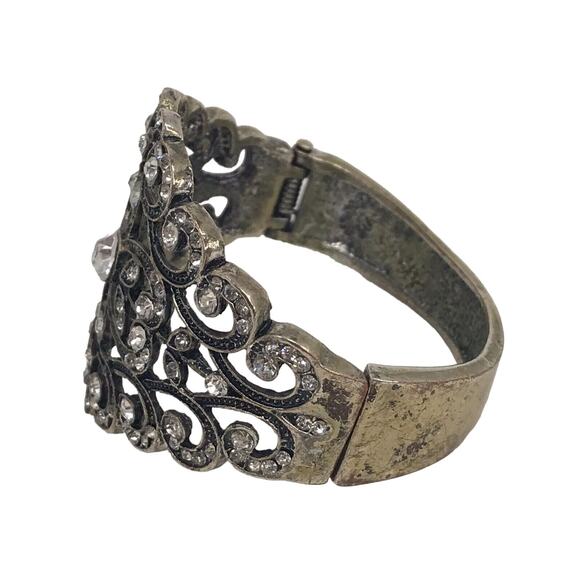 Rhinestone Bangle Bracelet Clamper Silver-tone 1950's Vintage - Picture 3 of 4